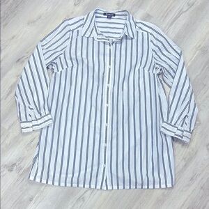 Women’s Coastal Nautical Striped Crisp 100% Cotton Button Down LS Shirt Blouse